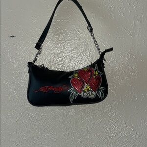 Ed Hardy Black Shoulder Bag with Red Heart Motif